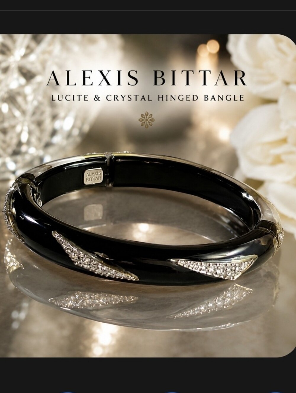 Alexis Bittar Black Lucite Crystal Hinged Bangle Bracelet